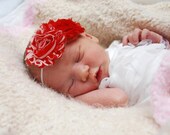 FREE SHIPPING - Candy Striper - A Pair of Shabby Flowers on an Elastic Headband -  Red/white/stripe
