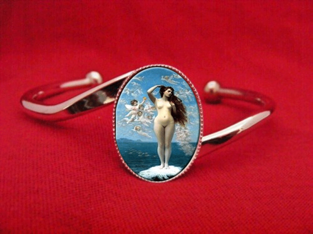 Venus Rising Geek Mythology Goddess Trendy Silver Tone Cuff Bracelet Bezel