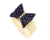 Black Bow Ring, Black Bow Tie, Black and Gold Ring, Beaded Gold Ring, Preppy Style, OOAK Ring, Handmade by JeannieRichard
