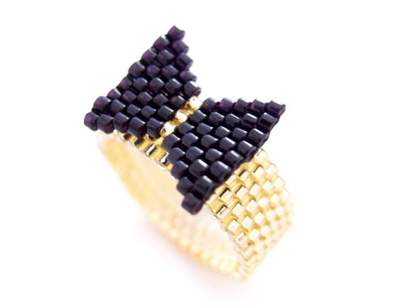 Black Bow Ring, Black Bow Tie, Black and Gold Ring, Beaded Gold Ring, Preppy Style, OOAK Ring, Handmade by JeannieRichard