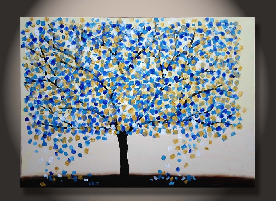 Large Tree Painting, Gold Turquoise Texture on Canvas, Original Abstract Fine Art, living room and bedroom decoration, ready to hang