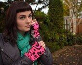 Fingerless Gloves in Hot pink and black cheetah, Black and silver music and black and white hounds tooth - Recycled tweed  - fleece lined
