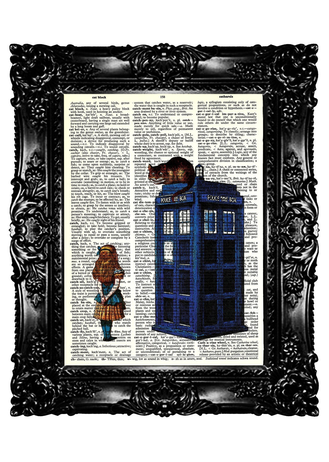 Alice in Wonderland & Tardis Upcycled Book Recycled Art Print Upcycled Dictionary Page Vintage Book Print Police Box Buy 3 get 4th free