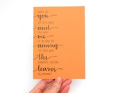 Fall Greeting Card, You and Me Among the Leaves, Modern Calligraphy, Hand-Lettered Design, Typography, Pumpkin Orange, Blank Inside, Single