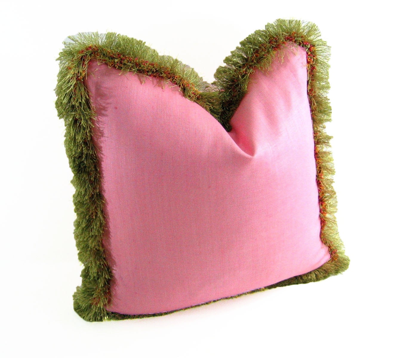 PINK LINEN PILLOW Cover - 18" X 18" With Deep Lime Green Fringe