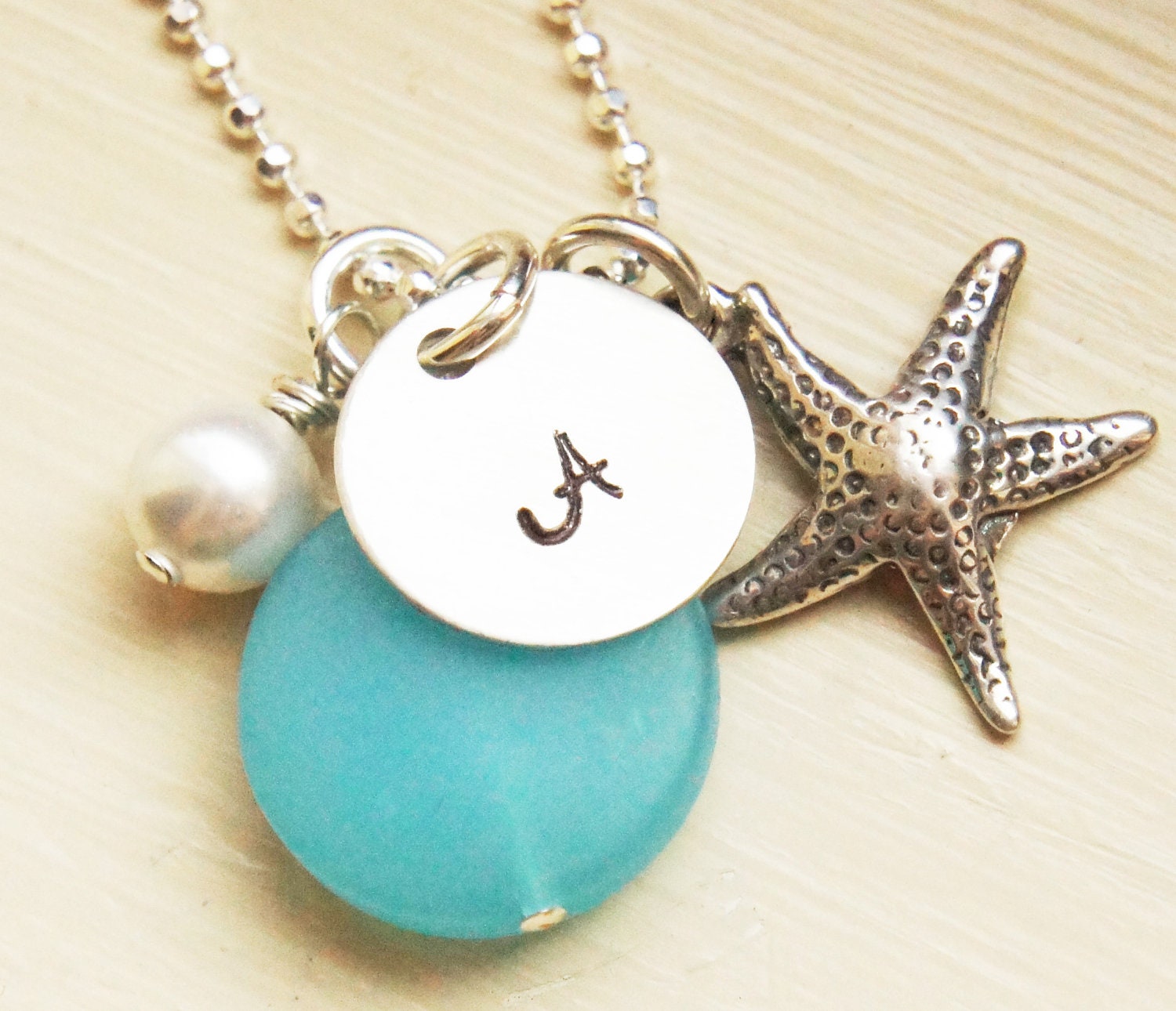 Personalized Initial Necklace Custom Hand Stamped Name Necklace Beach Ocean Recycled Sea Glass Starfish Charm Necklace Beach Lover Gift