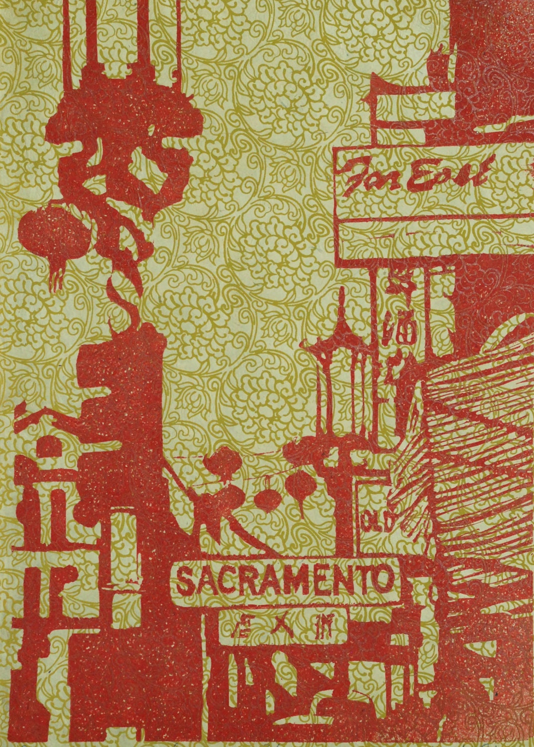 Sacramento Street in Red, original linocut