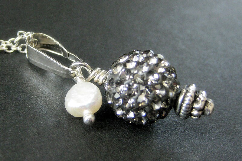 Silver Gray Necklace. Rhinestone Necklace. Kissing Ball Necklace with Fresh Water Pearl. Handmade Jewelry.