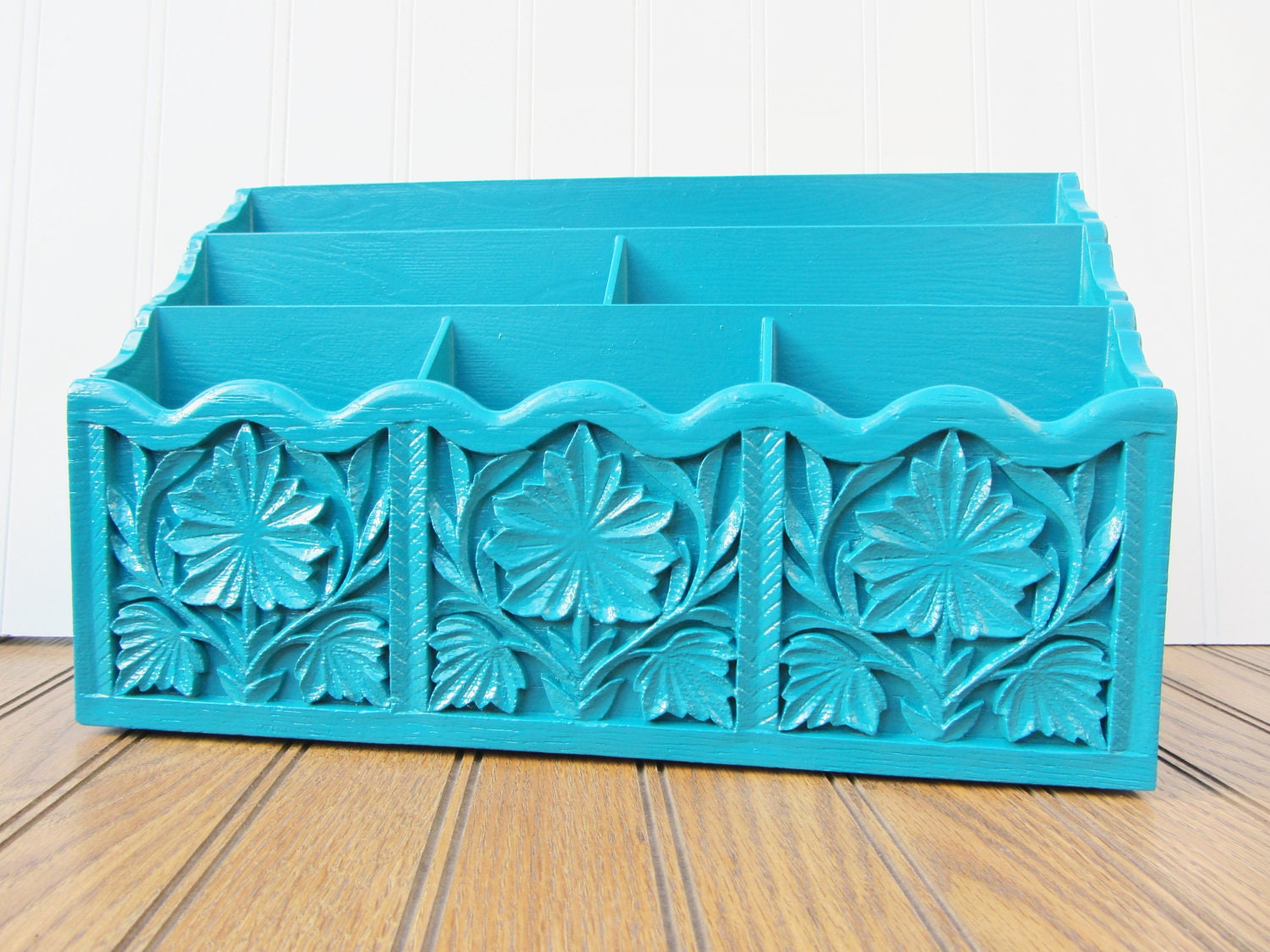 Desk Organizer in Peacock Blue Vintage Upcycled Ornate Office Desk Decor  - Custom Color Available
