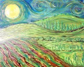 Vincent's Moon, oil painting on masonite original 8X10 in dreamy shades of green and blue.