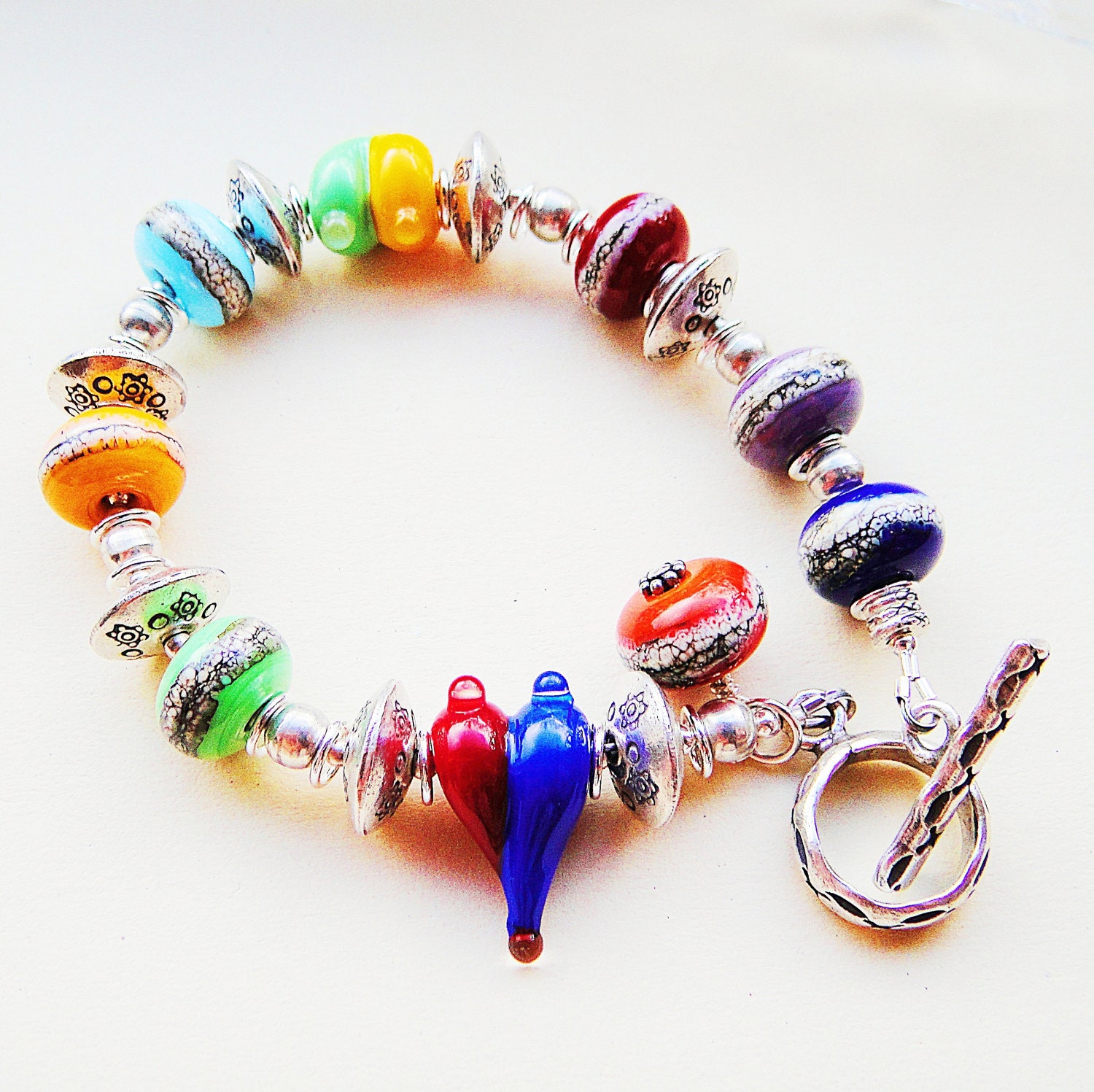 Bright Lights Lampwork Glass Hill Tribe Silver Bracelet Colourful Rainbow Valentine Hearts