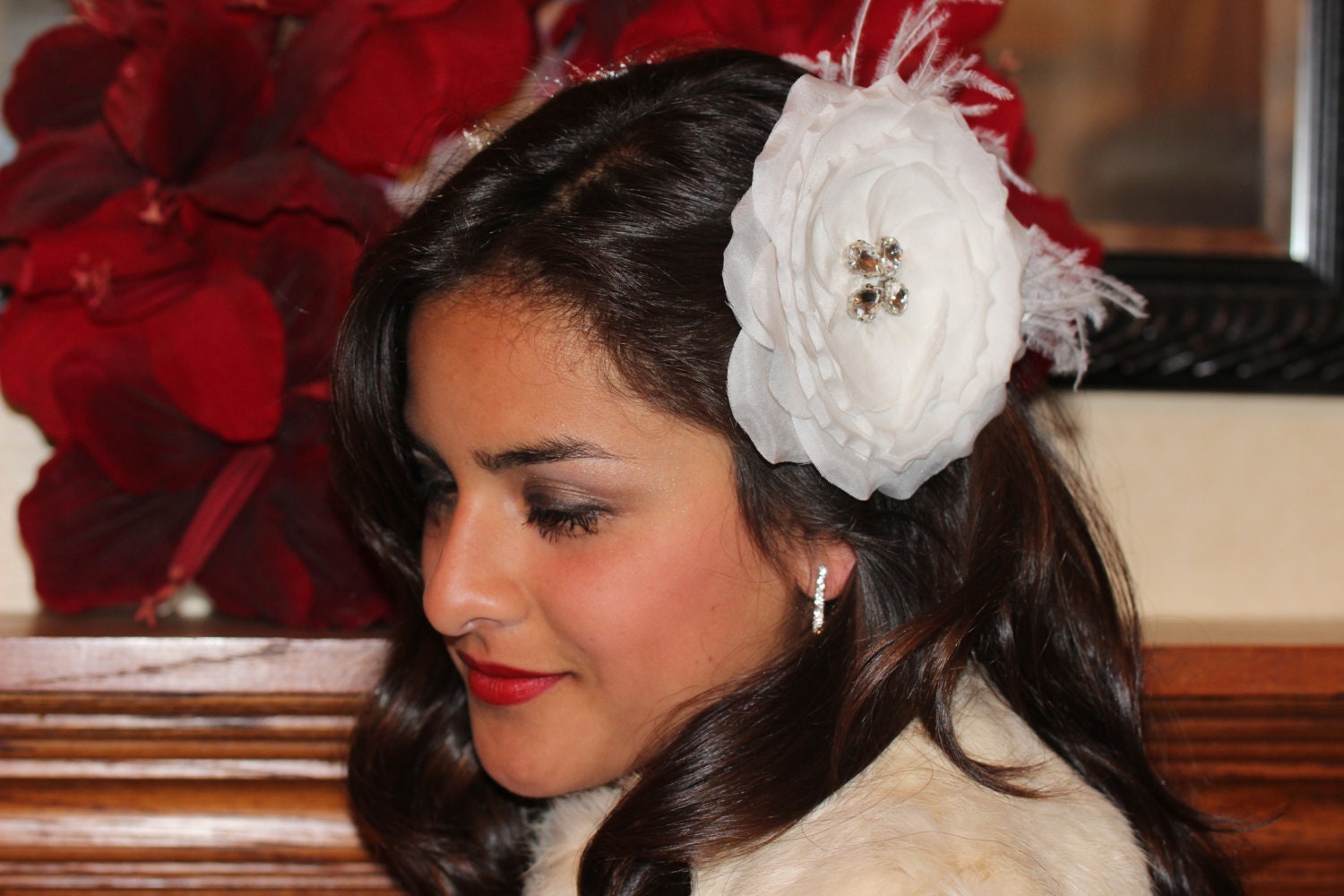 Ostrich Feather Wedding Headpiece, Bridal Feather Fascinator, Bridal headpiece, Silk Rhinestone Feather Headpiece