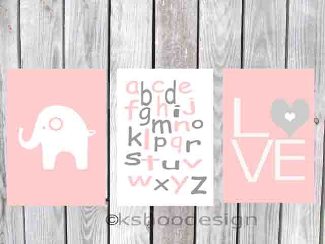 Nursery wall art, nursery print, baby nursery, kids art print, nursery decor, love, elephant,al Set of three 8x10 prints