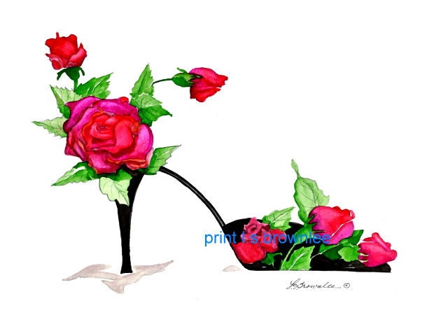 Shoe Print SHIPS FREE - Bewitched By You - Rose Shoe 2012 - Enhanced with Watercolor paint and signed