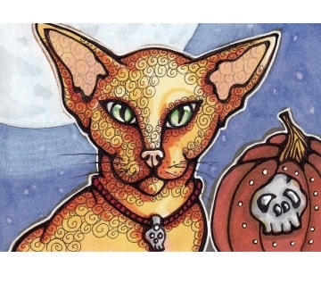 Original ACEO Cat with Skulls and Pumpkin Halloween OOAK