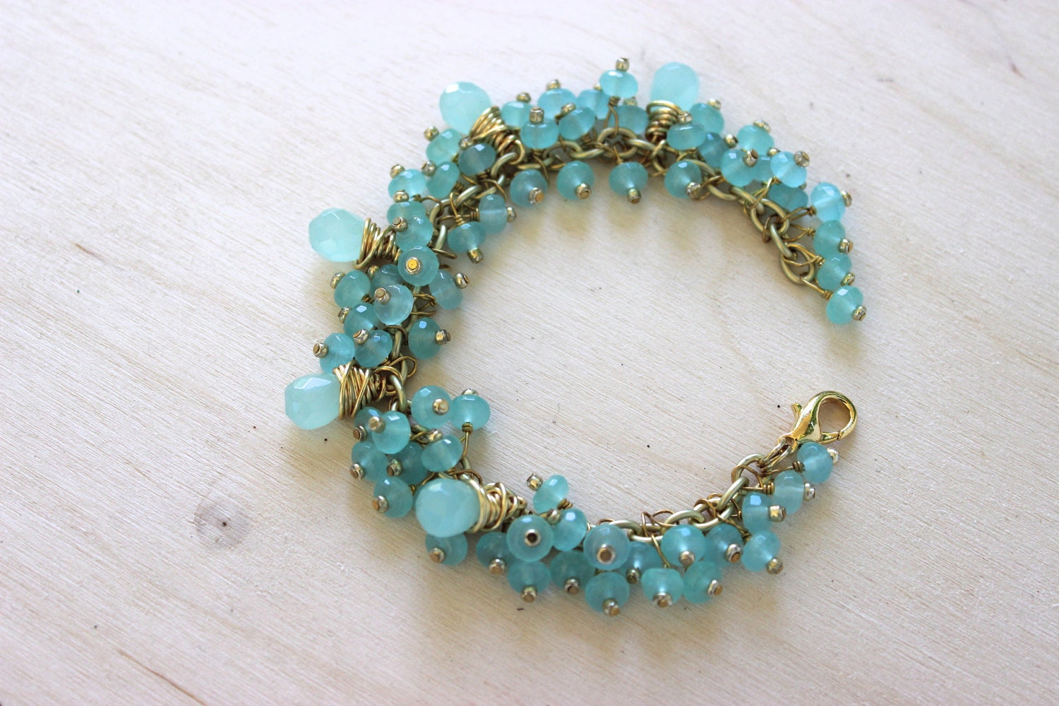 Seafoam Chalcedony Bracelet, Gemstone Bracelet, Beaded Bracelet, Green and Gold, Cluster Bracelet, Cluster Jewelry, Gift for Her
