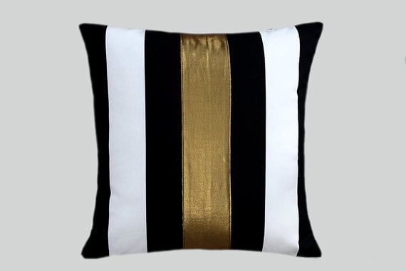 Cotton Black-White Throw pillow case with gold color accent, 16"x16",  Cushion case, Toss pillow case.