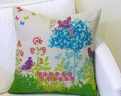 Summer Bird Garden Pillow Cover/ 18" Square/ Invisible Zipper / Reversible Echino Fabric