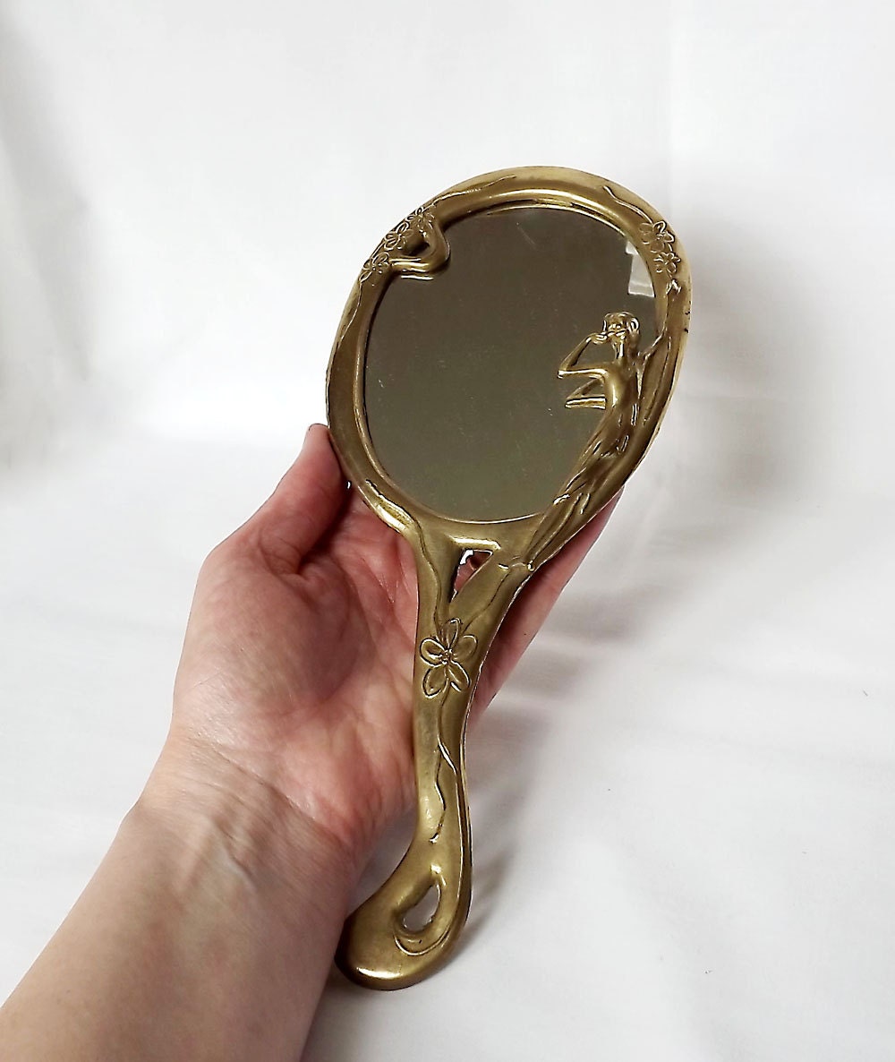 French art nouveau hand mirror, vanity mirror
