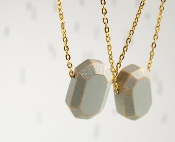 wood Diamond. geometric necklace. concrete grey faceted pendant on gold tone chain. Handcrafted wooden gemstone.
