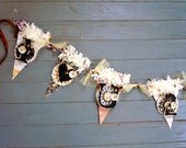handcrafted upcycled i love you to the moon banner shabby chic creamy white brown black vintage book pages rosettes hand crafted