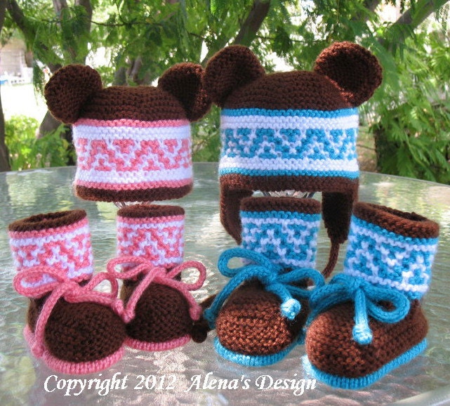 PDF Instant Download - Knitting PATTERN Set - Beanie, Ear Flap Hat with Bear Ears & High-Top Baby Booties
