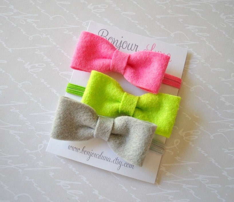 Mini Felt Bow Baby Headbands - Bubblegum Pink - Lime Green - Silver Gray - Baby Photo Prop - Infant Headband - Mini Size - Set of THREE
