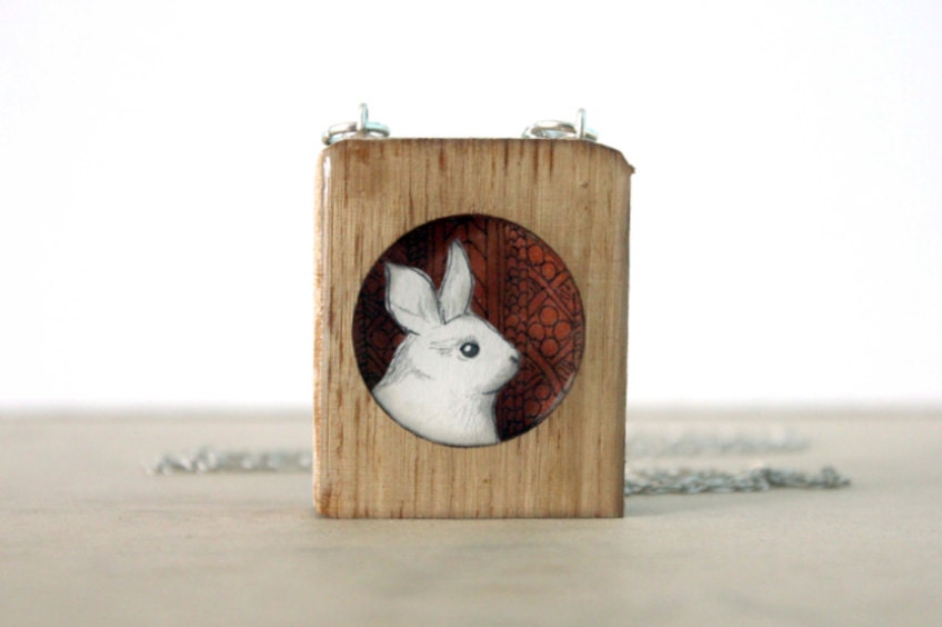 sweater bunny rabbit necklace- hand painted wooden necklace- red white holiday necklace black friday cyber monday sale