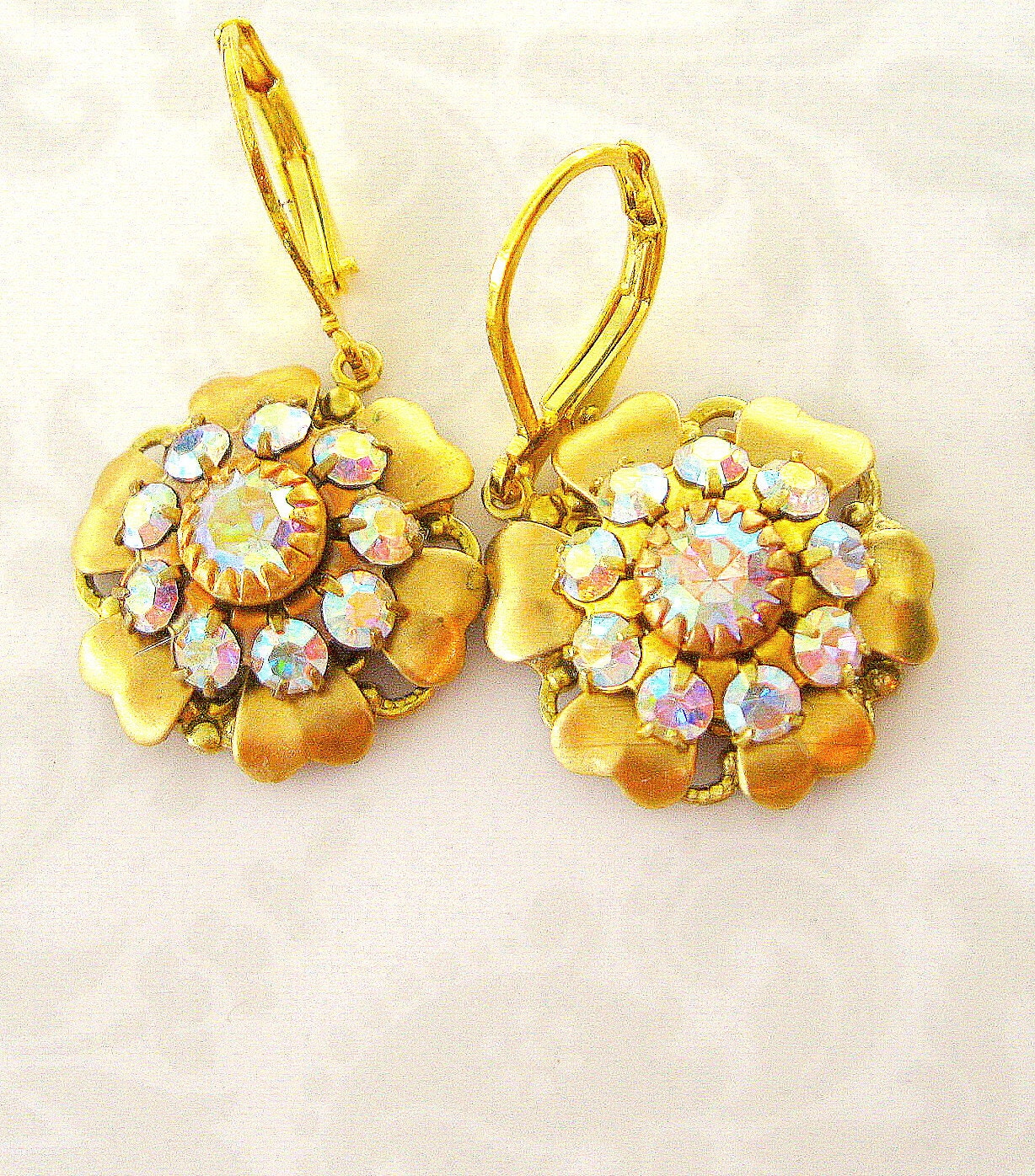 Flower earrings- Brass and crystal earrings - PEONY dangle earrings AB crystal earrings Handcrafted earrings Garden jewelry floral earrings