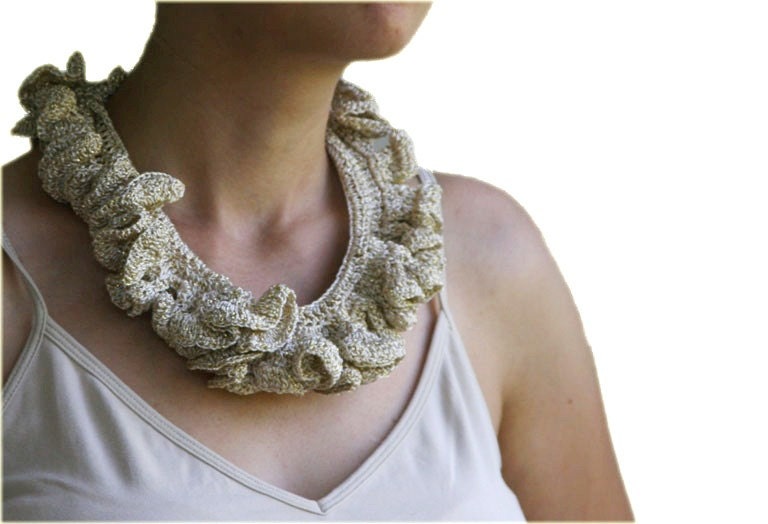 Crochet Ruffled Necklace in Beige with Golden Glitters - Women  Accessories - Fashion - Elegant Chic