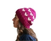 Valentine Raspberry Knit Hat with Creme Hearts - Christmas Gift - Winter Fashion - Women and Teens Accessories - Slouchy Beret - Beanie