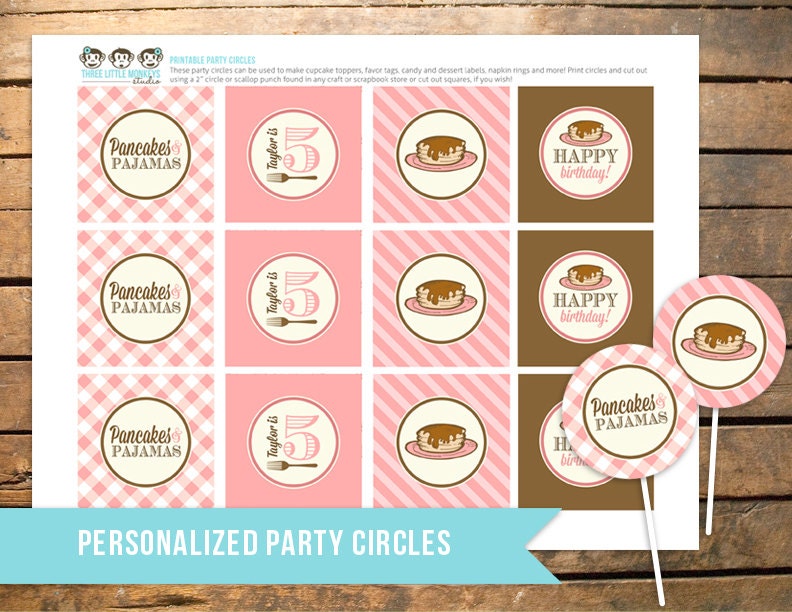 Personalized Pancake and Pajamas PJs Party Circles - Cupcake Toppers, Gift Tags, Favor Tags and More Il_570xn