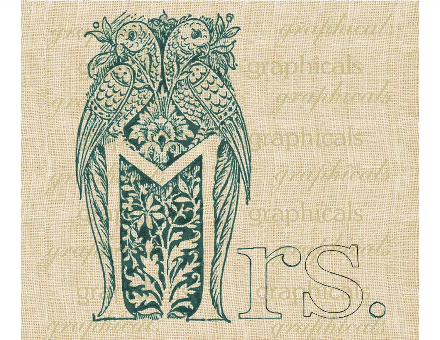Monogram teal love birds Mrs for fabric transfer weddings decoupage paper burlap pillows towels cards No. 514
