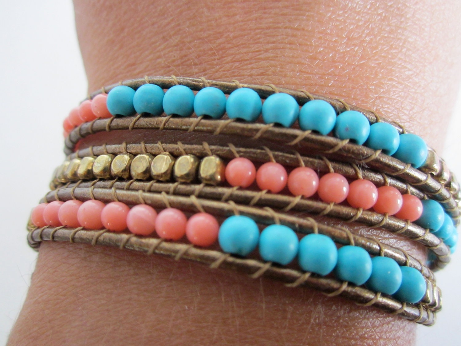 Summertime metallic leather wrap bracelet, gold nugget, coral and turquoise beads, three wrap, resort