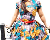 Turquoise, orange and brown African print - Alice-in-Wonderland dress
