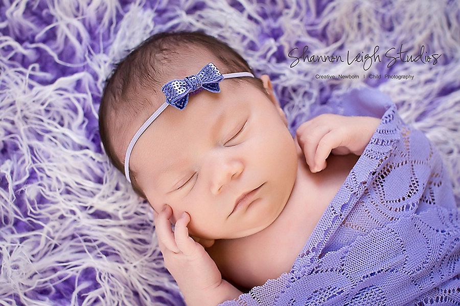 Teeny Baby Bow Headband With Lavender Sequin Bow Sweet Newborn Photo Prop