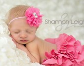 Sweet Candy Pink Chiffon Flower Headband With Rhinestone And Pearl Embellishment Stunning Vintage Style Newborn Photo Prop