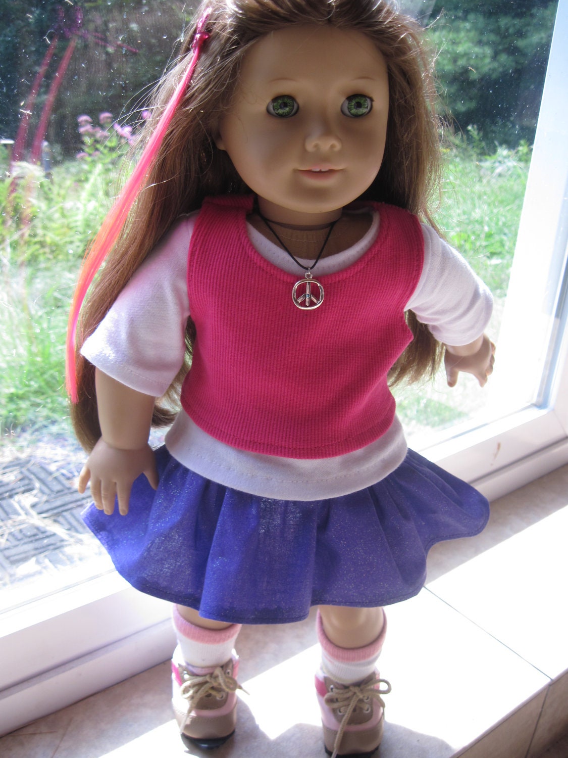 American Girl Doll Clothes Layer T-Shirt And Sparkle Ruffle Skirt With Hot Pink Ribbed Cotton Tank also fits most 18" Dolls