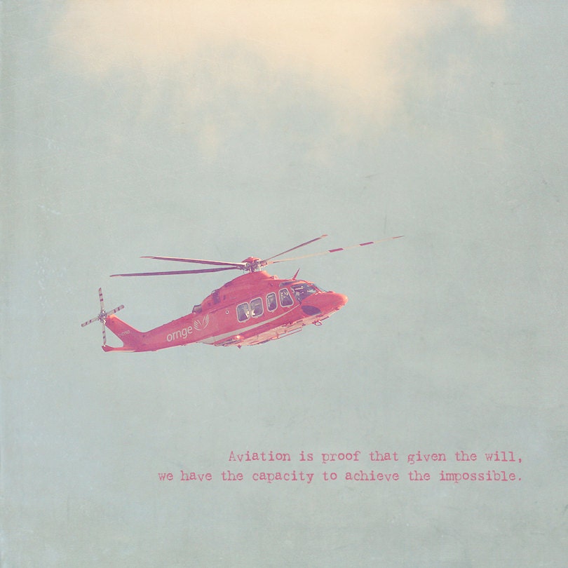 Red Helicopter Photo Art Print Sky Clouds Aviation Fly Flight Pilot Wings Airplane - 8 x 8