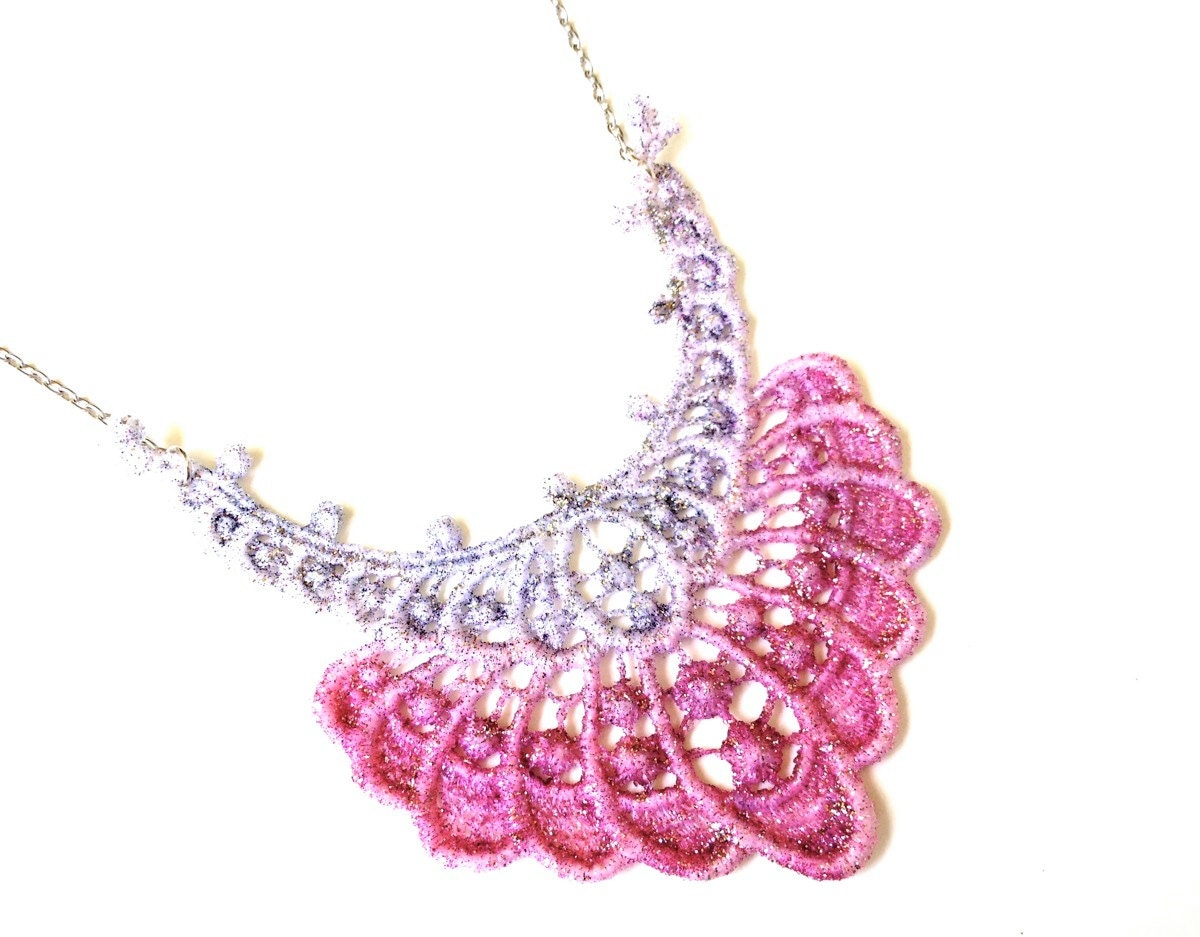 Lace Necklace Hand Painted - Pink and Silver Glitter - Customizable Colors