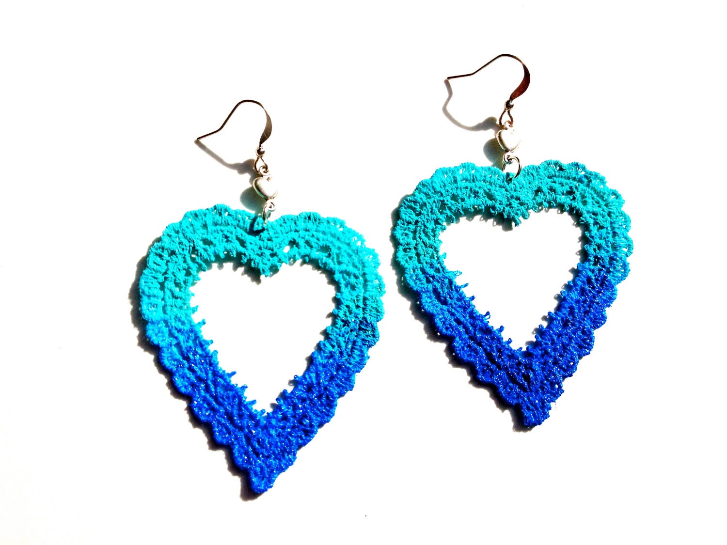 Lace Earrings - Aqua and Cobalt Blue Ombre Heart Hand Painted  - Customizable Colors - Lace Fashion