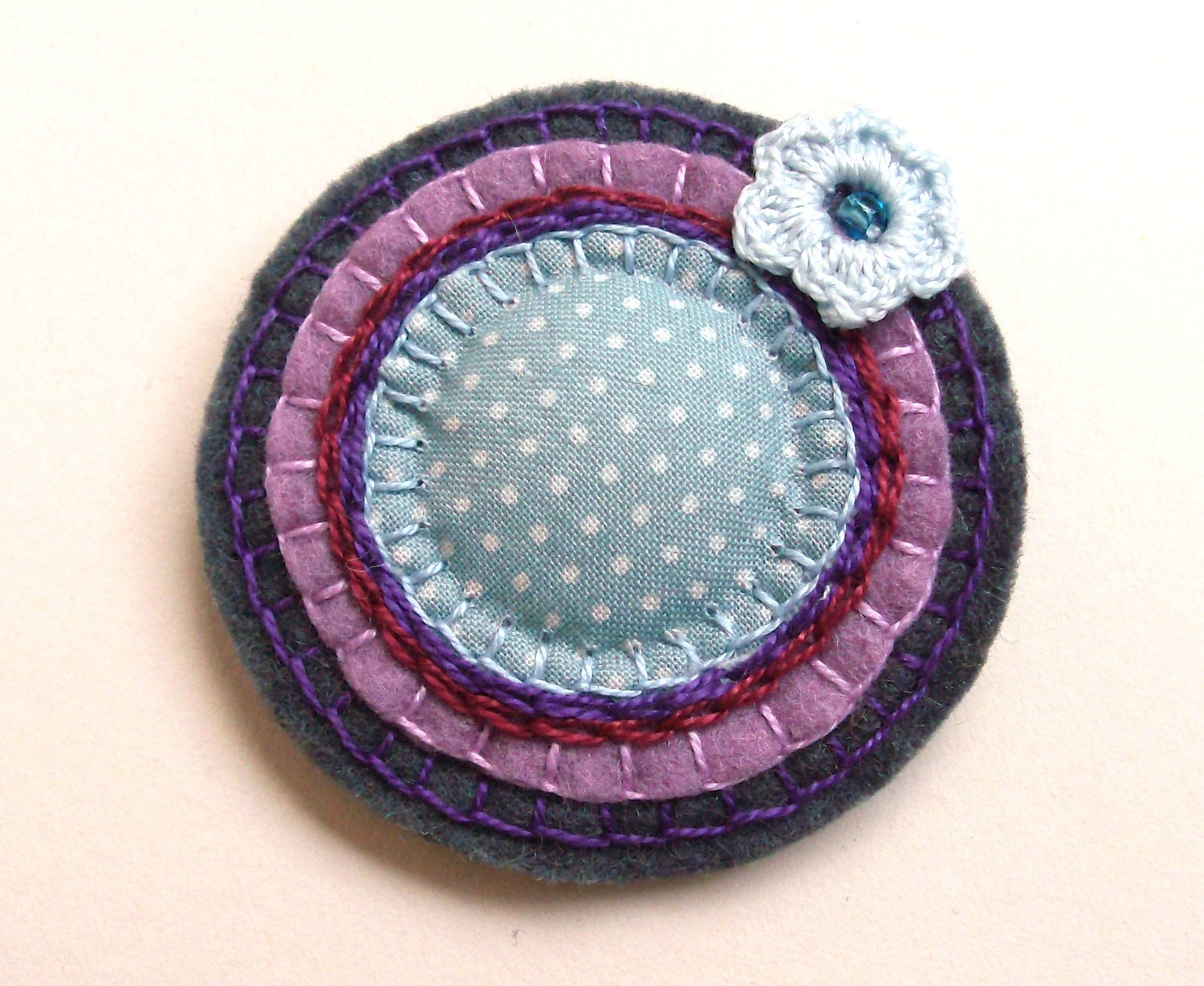 Embroidered Blue Fabric Felt Brooch Polka Dots Crocheted Flower - Free Shipping Worldwide