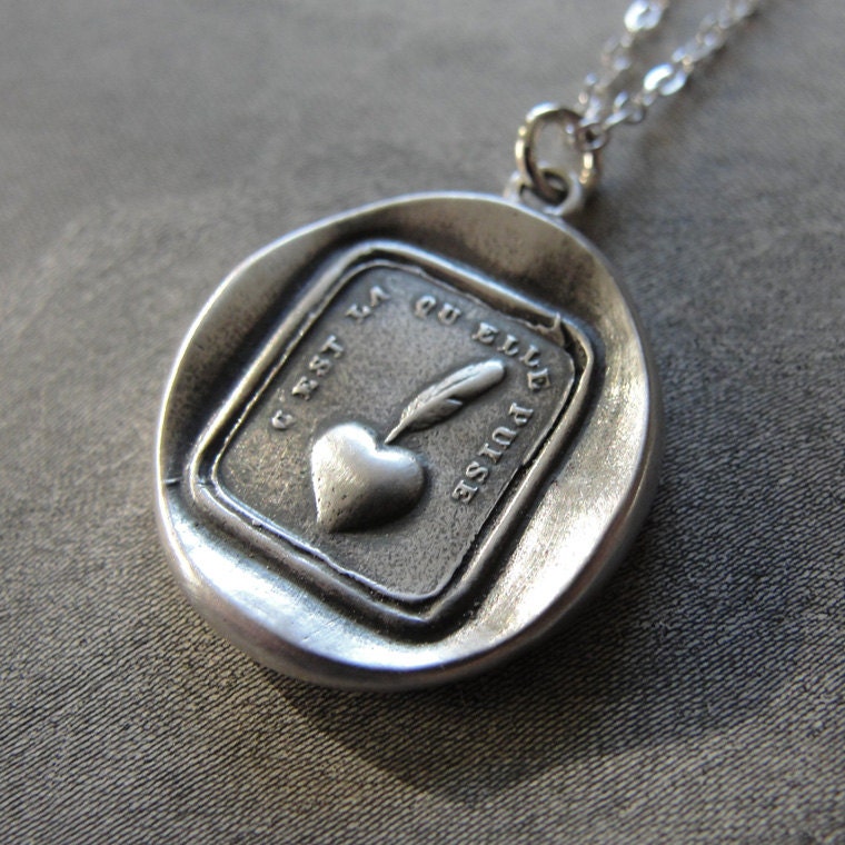 My Heart Is Sincere - wax seal necklace in fine silver from an antique French wax seal