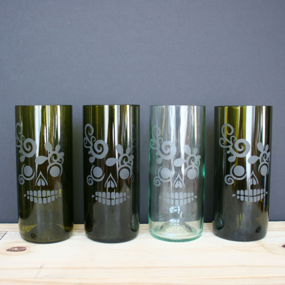 Recycled Bottle Drinking Glasses - Calavera
