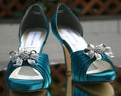 Custom Wedding Shoes -- Oasis Blue Peeptoes with Rhinestone Bow Adornment