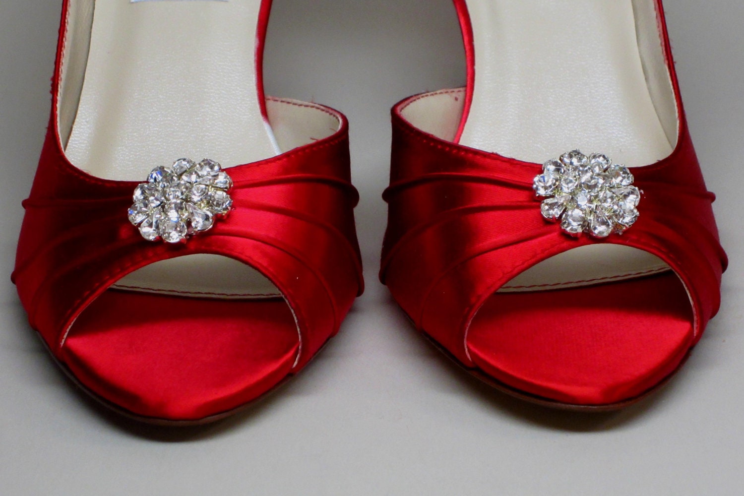 Wedding Shoes -- Red Kitten Heels with Rhinestone Adornment