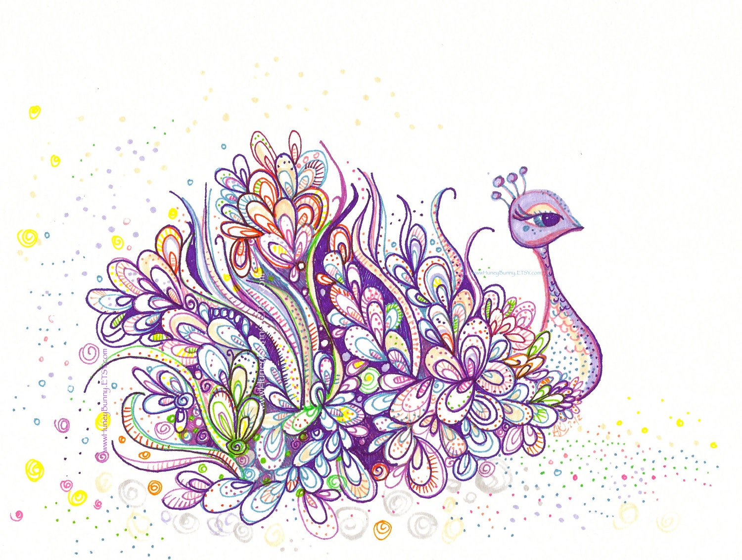 Purple Peacock Drawing - Original Art with Sharpies, Copic markers, and LOVE.