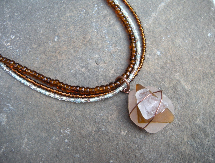 sea glass necklace, brown & white jewelry, copper wire wrap, great gifts for mom, glass bead strand, fashion jewelry