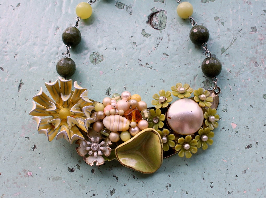 Necklace Olive Green Collage Statement Bridal