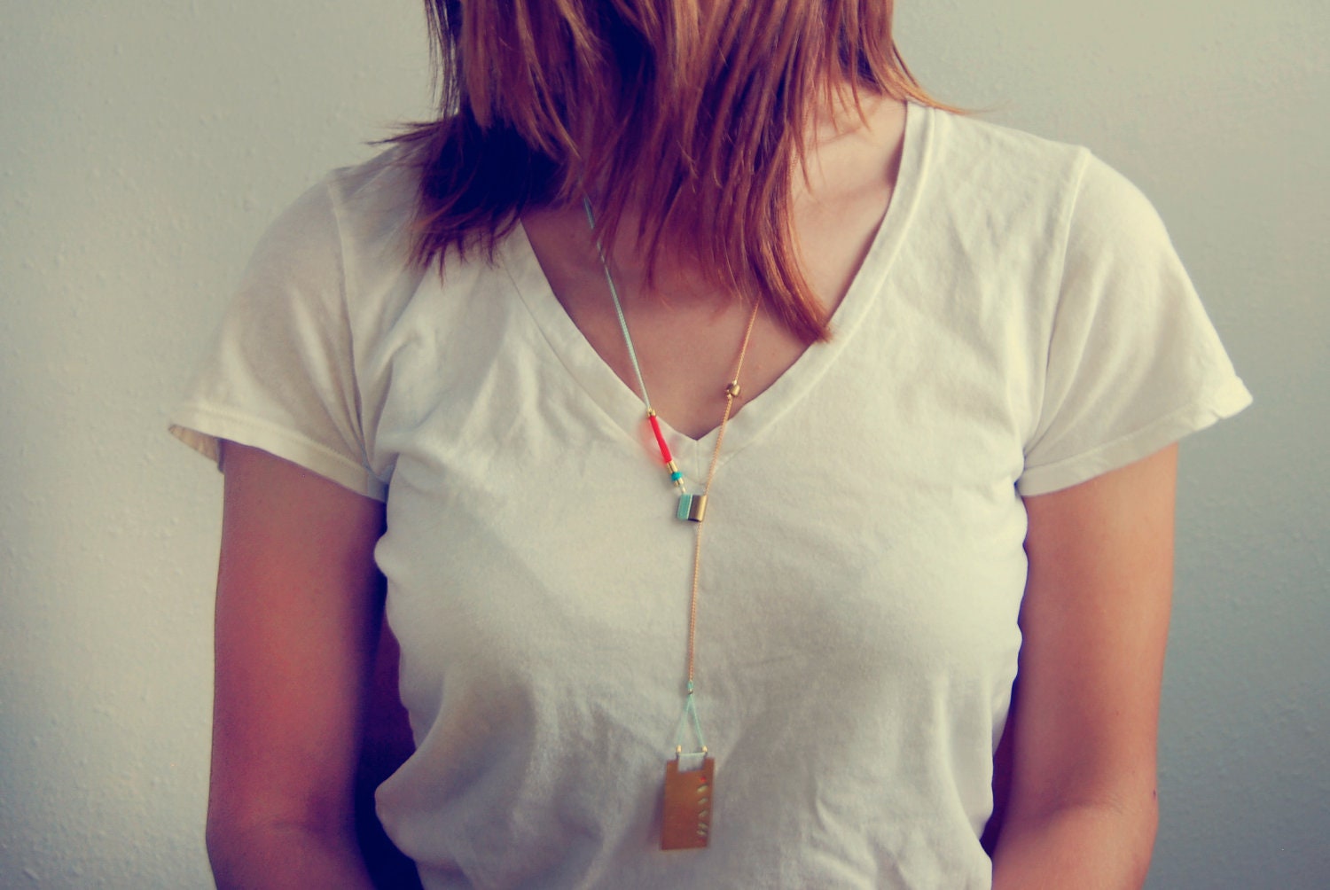 Beaded Geometric Lariat Necklace in Seafoam, The Pavo
